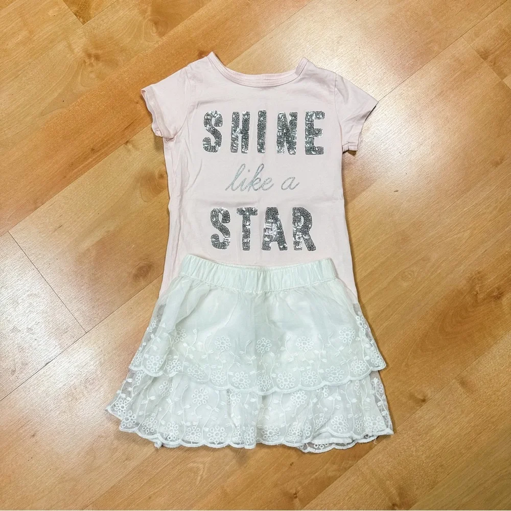 Carters Pink & Cream Lace Sequin Shine Like a Star Top & Skirt Outfit Size 4/5